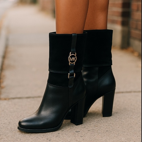 Michael Kors Shoes - Michael Kors Fulton Signature Logo Harness Boots Black Suede Leather 8.5
